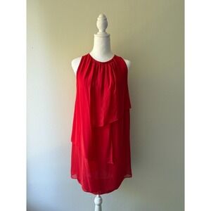 Sfera Red Sleeveless Shift Dress‎ M Layered Ruffle Sheer Overlay Cocktail Party